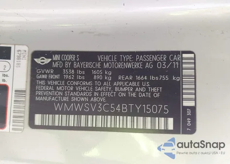 2011 Mini Cooper S from USA, damaged, VIN WMWSV3C54BTY15075